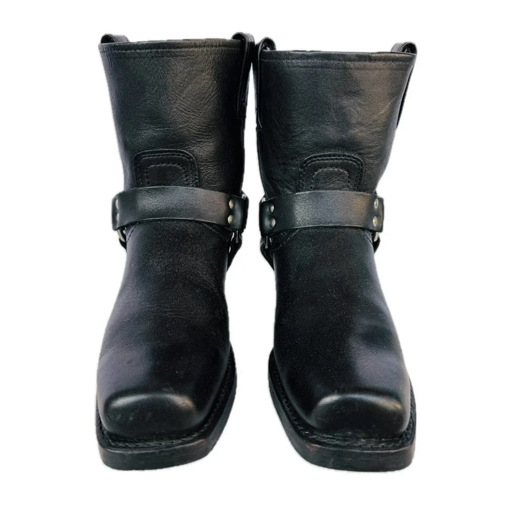 SOLD FRYE Harness 8R Black Biker Moto Motorcycle Short Ankle Bootie Boots - Picture 2 of 6